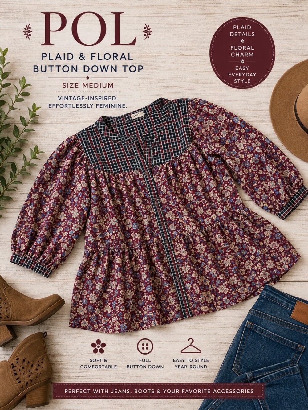 POL Plaid & Floral Button Down Top Medium